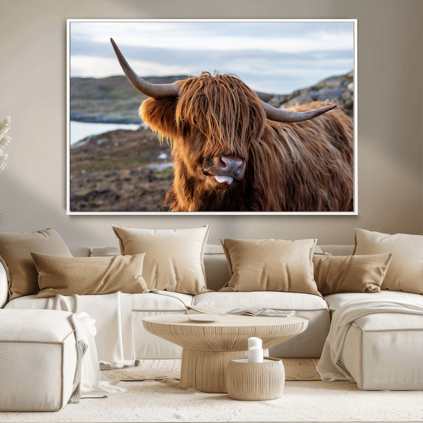 71222-MGV-CV-36X24-A playful Highland cow with shaggy fur sticks out its tongue, set against a rugged landscape — perfect for quirky home or office