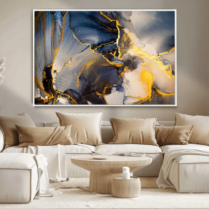 42100-MGV-CV-36X24-Golden Flow Abstract Wall Art – Panoramic Modern Blue and Gold Canvas Print, Contemporary Artistic Decor for Home, Office