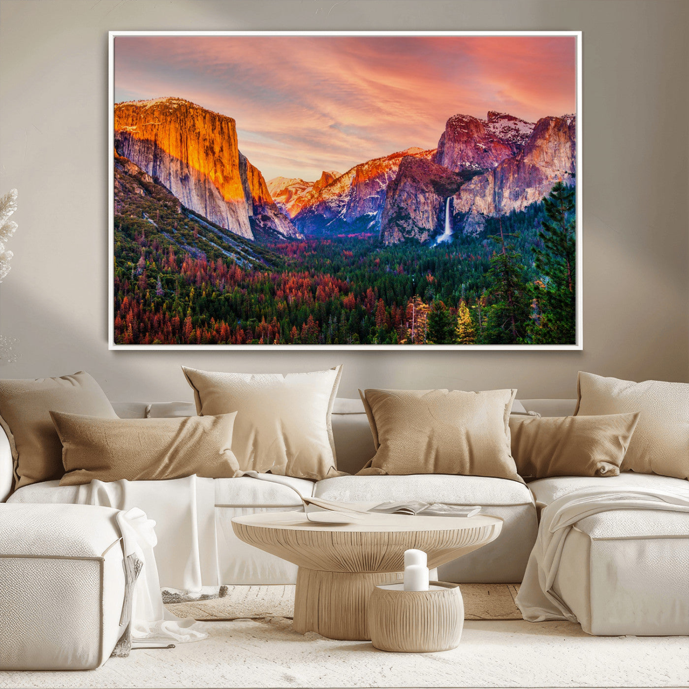 24519-MGV-CV-36X24-Yosemite Valley Sunset Wall Art – Majestic Mountain Landscape with Waterfall and Vibrant Sky, Nature Photography for Home or