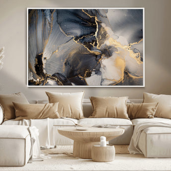 24068-MGV-CV-36X24-Luxury Abstract Wall Art – Gold & Gray Fluid Ink Painting Canvas, Modern Metallic Home Decor, Elegant Office or Living Room Accent