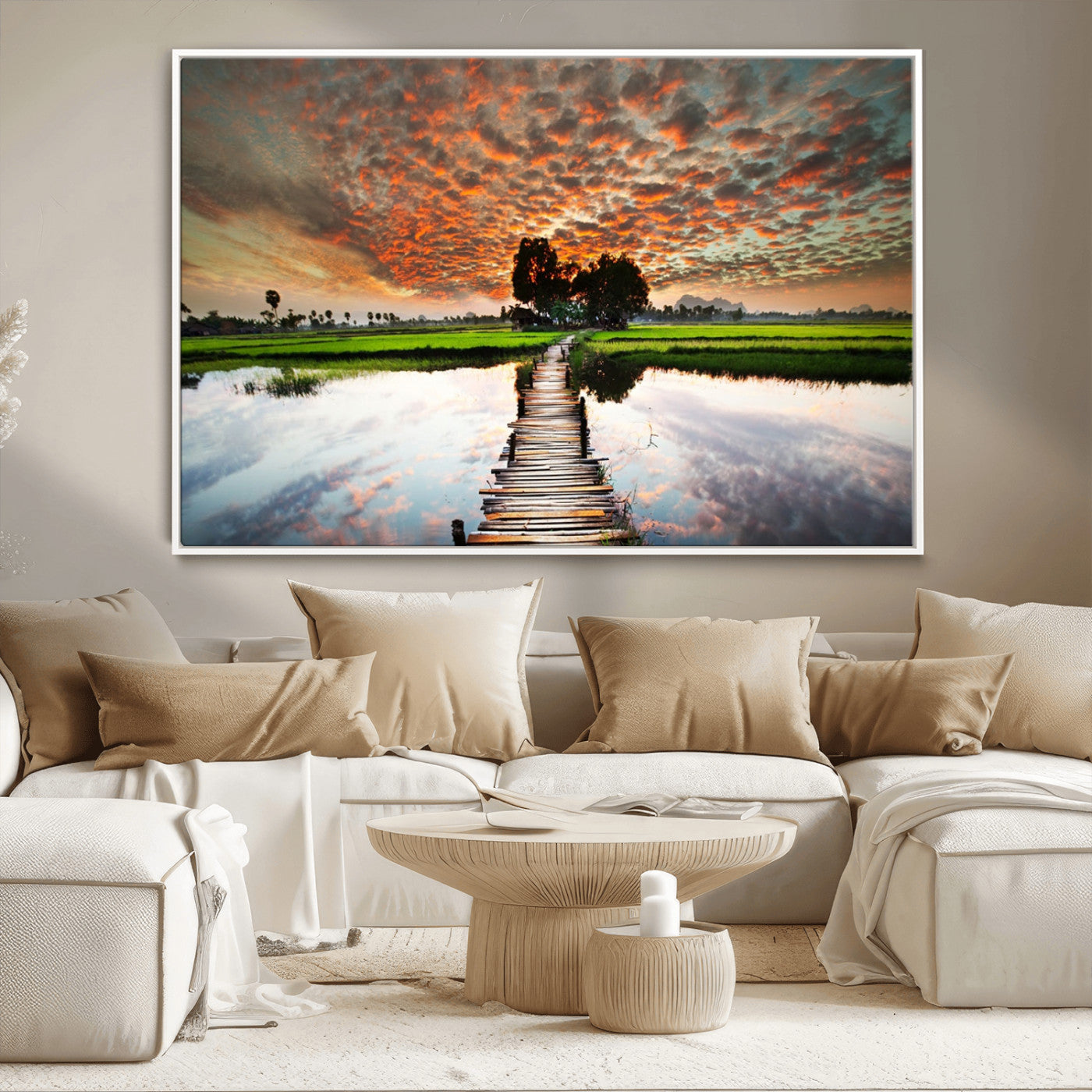 29105-MGV-CV-36X24-Rustic Wooden Bridge Wall Art – Scenic Sunset Over Rice Fields and Reflective Water Canvas Print, Nature Landscape Decor for