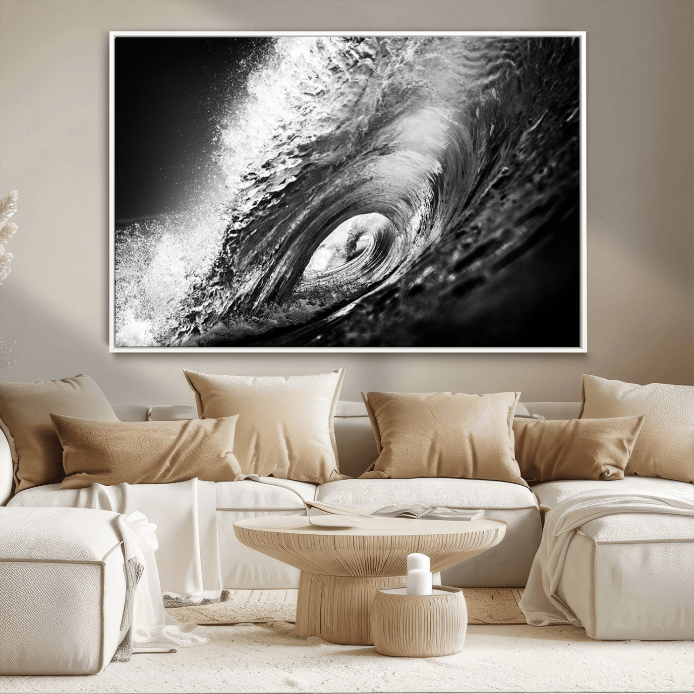 22702-MGV-CV-36X24-Black and White Ocean Wave Wall Art – Powerful Surf Curl Photography Canvas Print, Modern Coastal Decor for Living Room, Office or