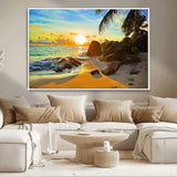 26181-MGV-CV-36X24-Golden Tropical Sunset Beach Wall Art – Ocean Canvas Print with Palm Trees and Rocks, Coastal Paradise Decor for Living Room or