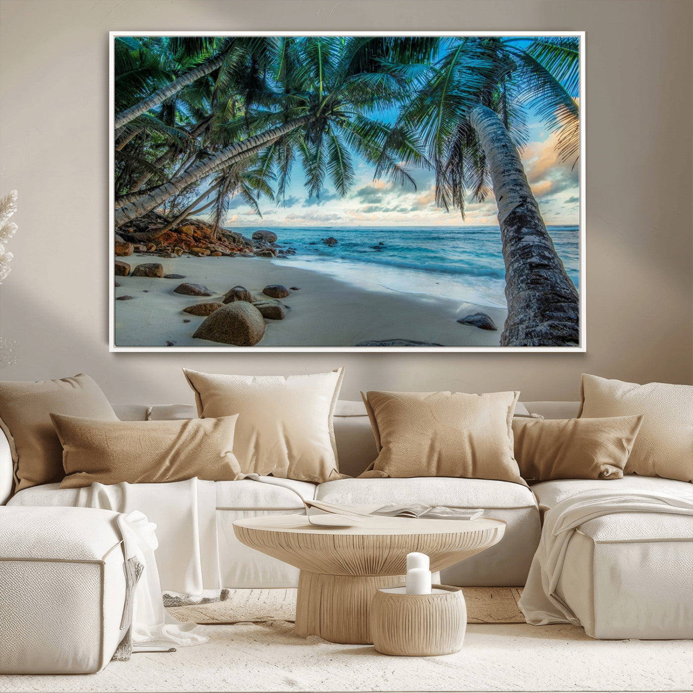 39679-MGV-CV-36X24-Tropical Palm Beach Wall Art – Serene Ocean Canvas Print with Palm Trees and Rocks, Coastal Paradise Decor for Living Room or