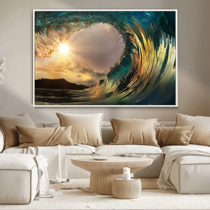 38256-MGV-CV-36X24-Ocean Wave Wall Art – Stunning Sunrise Through Curling Wave Canvas Print, Coastal Surf Photography Seascape Decor for Living Room,
