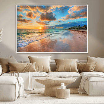 41572-MGV-CV-36X24-Sunset Beach Wall Art – Ocean Waves and Palm Trees Canvas Print, Tropical Coastal Sunset Seascape Decor for Living Room, Bedroom