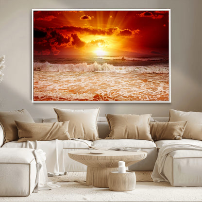 60211-MGV-CV-36X24-Fiery Sunset Ocean Wall Art – Red Sky Seascape Canvas Print with Waves, Bold Coastal Sunset Decor for Living Room or Bedroom