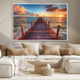 28836-MGV-CV-36X24-Ocean Pier Sunset Wall Art – Wooden Dock and Golden Horizon Canvas Print, Coastal Seascape Photography for Living Room, Bedroom,