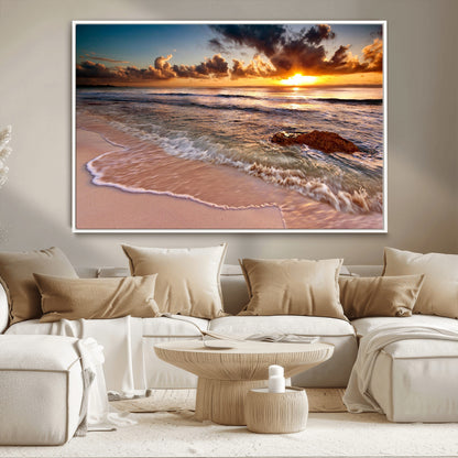 80979-MGV-CV-36X24-Golden Sunrise Beach Wall Art – Ocean Waves and Sandy Shore Canvas Print, Coastal Sunset Photography Artwork for Living Room,