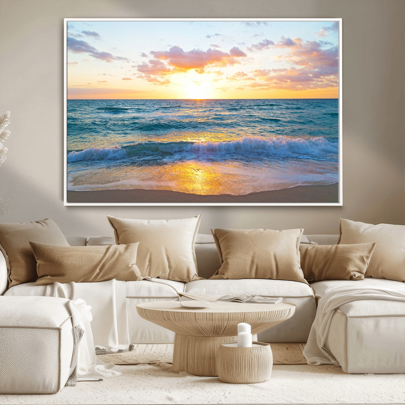 78006-MGV-CV-36X24-Golden Sunrise Ocean Wall Art – Panoramic Beach Waves Canvas Print, Coastal Seascape Artwork for Living Room, Bedroom, Office, or