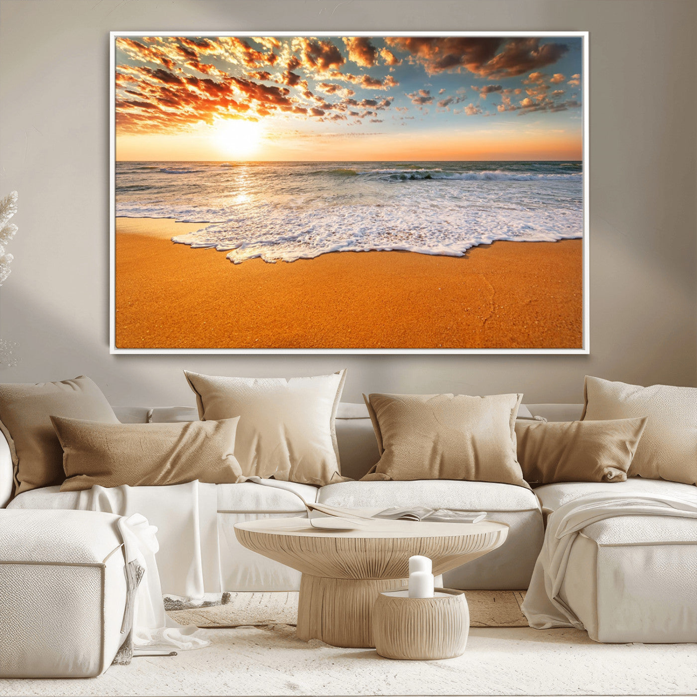 15399-MGV-CV-36X24-Golden Sunrise Beach Wall Art – Ocean Waves on Sandy Shore Canvas Print, Coastal Seascape Decor for Living Room or Bedroom