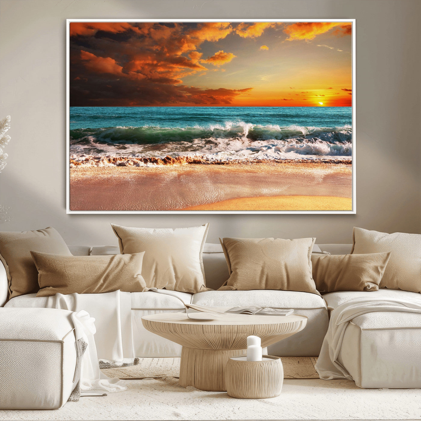 72948-MGV-CV-36X24-Ocean Sunset Wave Wall Art – Dramatic Seascape Canvas Print with Golden Sky and Crashing Waves, Coastal Beach Decor for Living