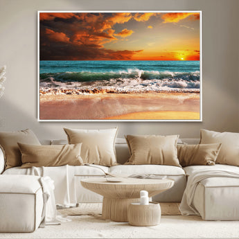 72948-MGV-CV-36X24-Ocean Sunset Wave Wall Art – Dramatic Seascape Canvas Print with Golden Sky and Crashing Waves, Coastal Beach Decor for Living