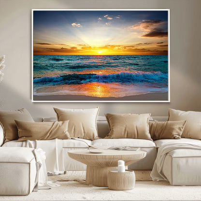 50627-MGV-CV-36X24-Ocean Sunset Wall Art – Serene Beach Canvas Print with Waves and Golden Sky, Coastal Decor for Living Room or Office