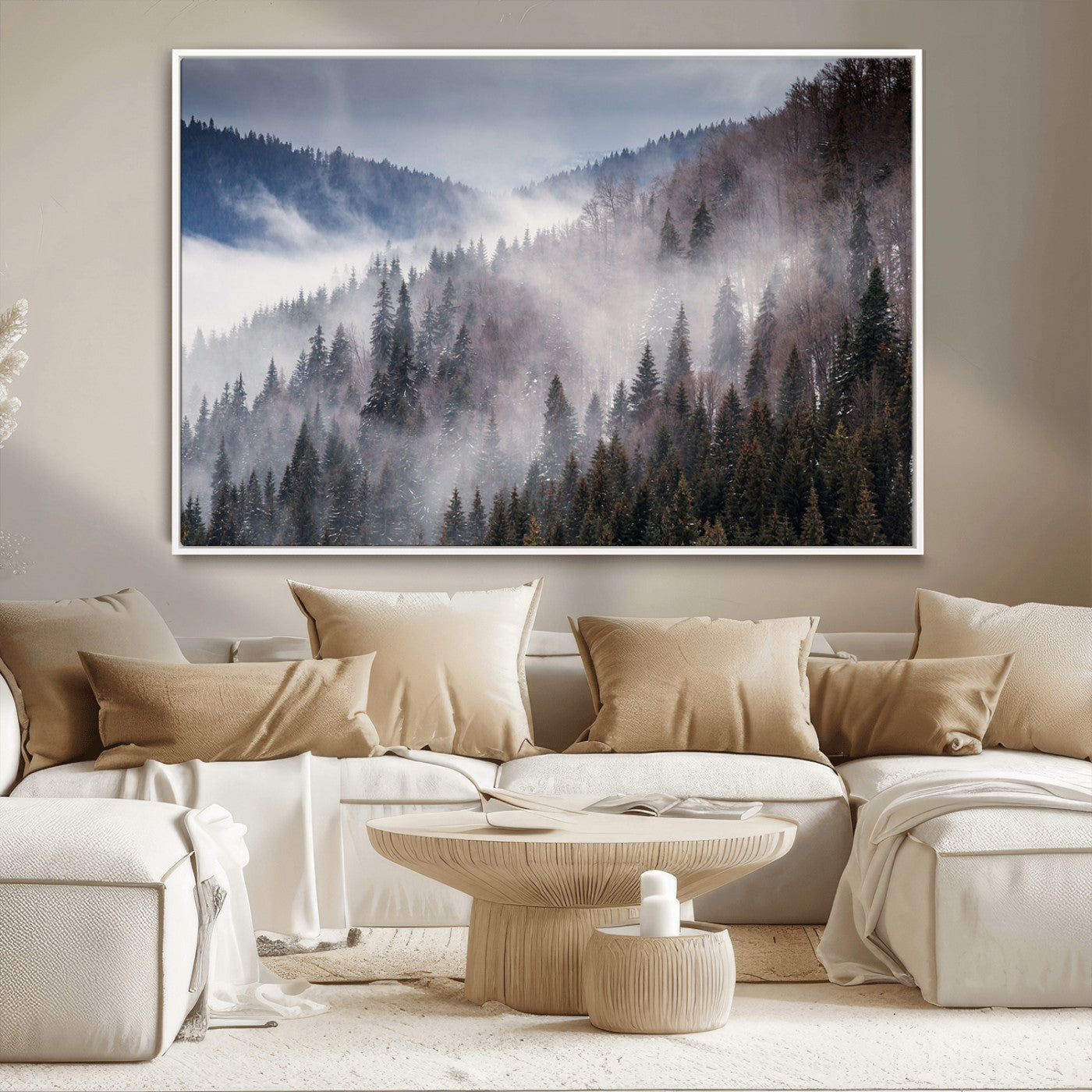 18459-MGV-CV-36X24-Misty Pine Forest Wall Art – Serene Mountain Landscape Canvas Print, Tranquil Nature Artwork for Living Room, Bedroom, Cabin or