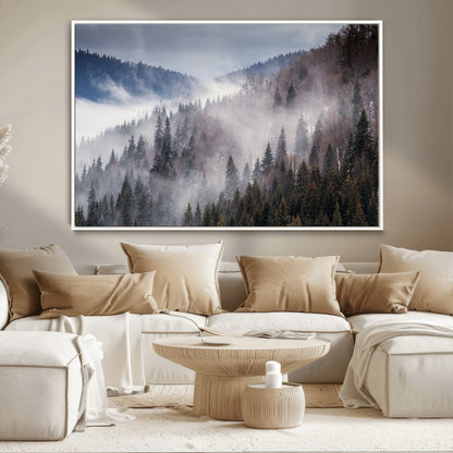 18459-MGV-CV-36X24-Misty Pine Forest Wall Art – Serene Mountain Landscape Canvas Print, Tranquil Nature Artwork for Living Room, Bedroom, Cabin or