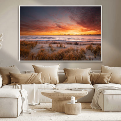 90176-MGV-CV-36X24-Beach Sunset Wall Art – Coastal Sand Dune Canvas Print with Ocean Waves and Dramatic Sky, Seaside Landscape Decor for Living Room