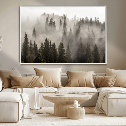 62862-MGV-CV-36X24-Misty Forest Wall Art – Tranquil Pine Tree Canvas Print with Mountain Fog, Nature Landscape Artwork for Living Room, Bedroom, or