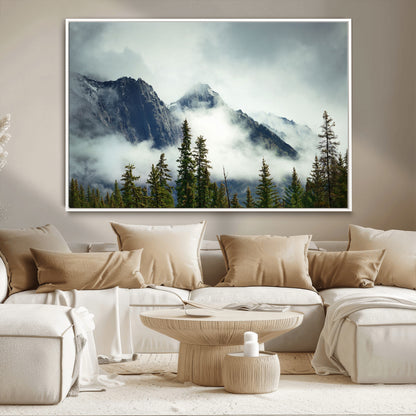 93219-MGV-CV-36X24-Misty Mountain Wall Art – Foggy Pines and Rocky Peaks Canvas Print, Nature Landscape Decor for Living Room, Office or Bedroom