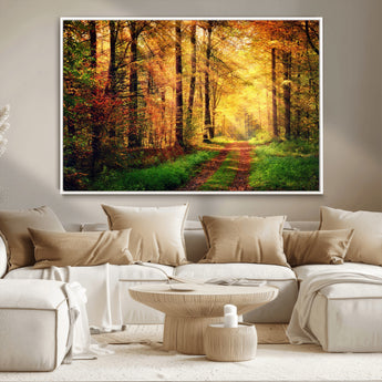 73494-MGV-CV-36X24-Golden Autumn Forest Path Wall Art – Sunlit Woodland Canvas Print, Fall Nature Landscape Home Decoration