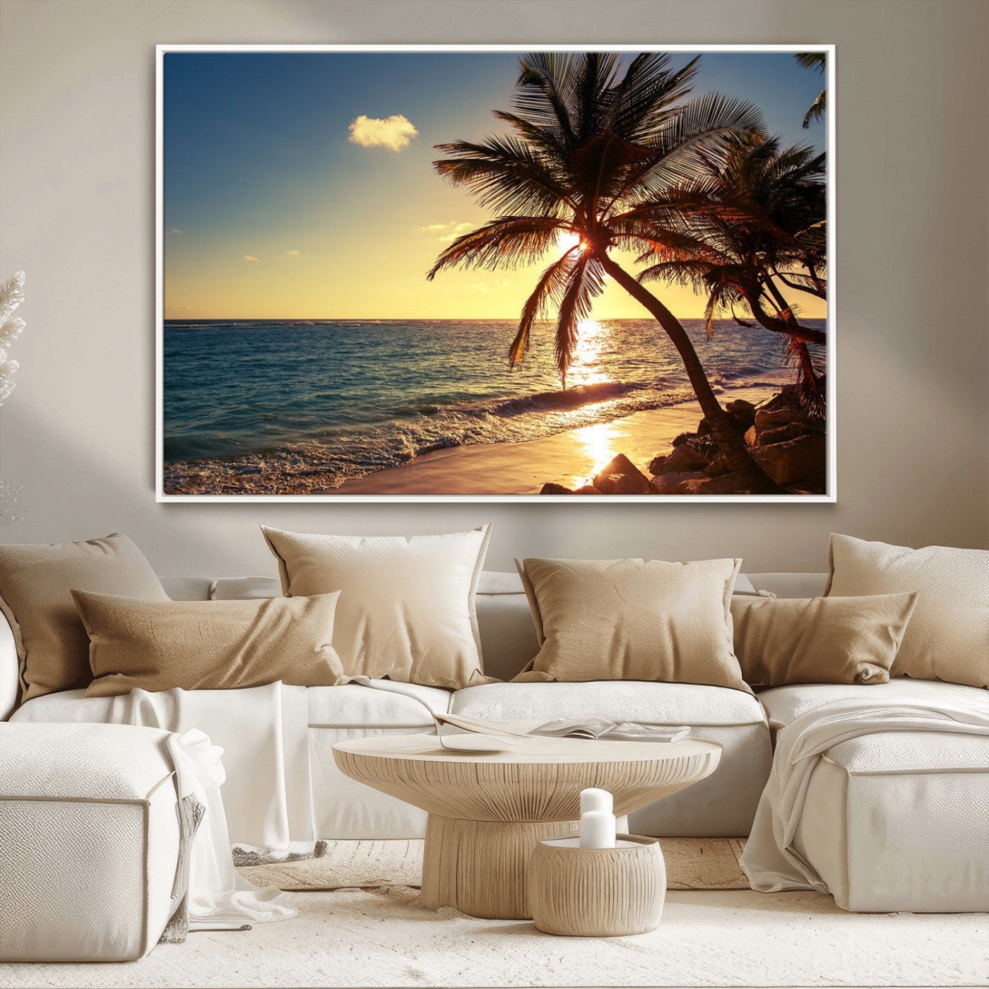82710-MGV-CV-36X24-Palm Tree Sunset Beach Wall Art – Tropical Ocean Canvas Print, Coastal Paradise Seascape Decor for Living Room or Office Wall