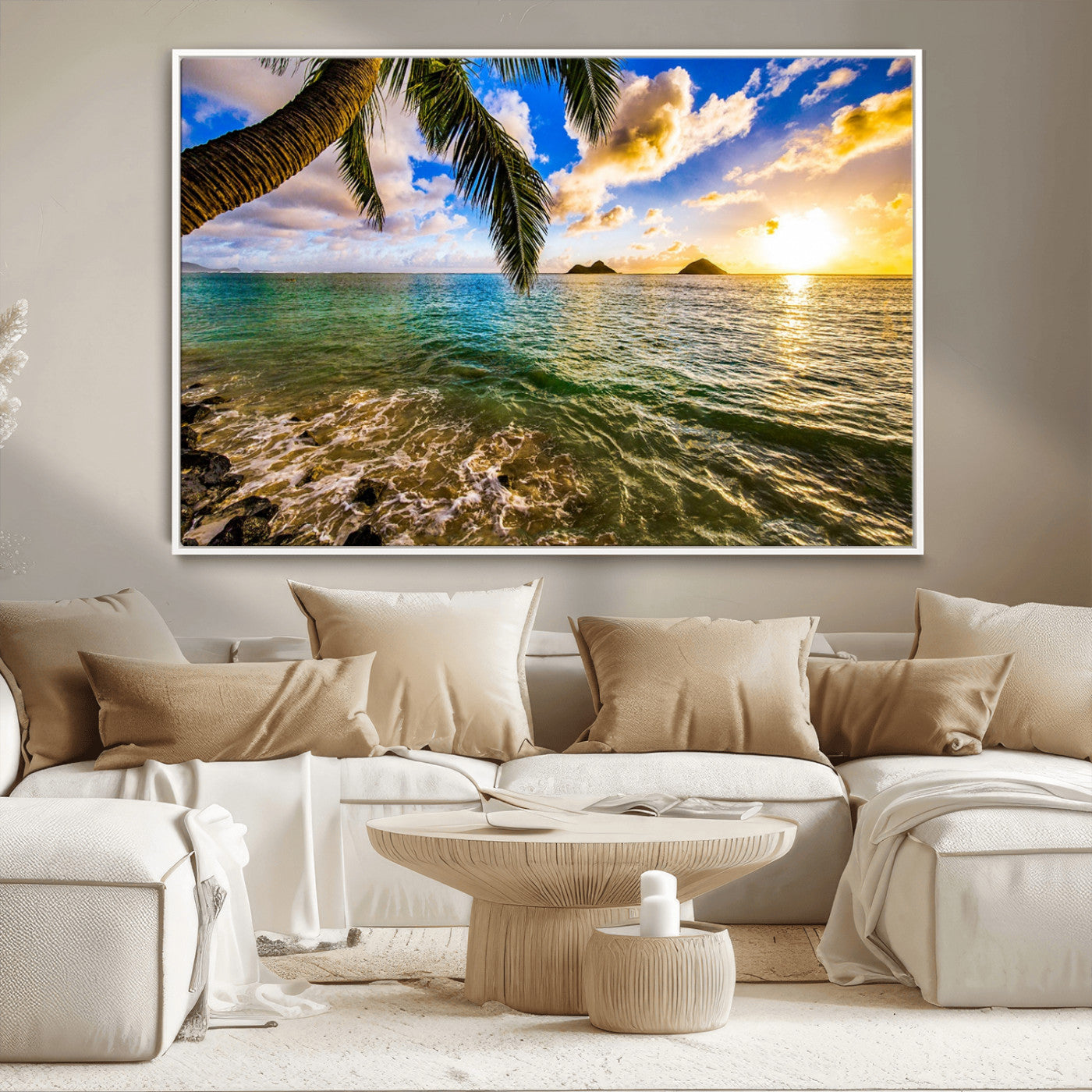 68606-MGV-CV-36X24-Tropical Palm Tree Ocean Wall Art – Sunset Beach Seascape Print, Coastal Paradise Decor for Living Room or Office