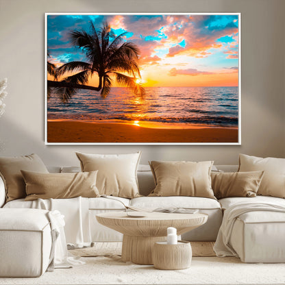 34674-MGV-CV-36X24-Tropical Sunset Beach Wall Art – Palm Tree Ocean Canvas Print, Coastal Seascape Decor for Living Room or Office Wall