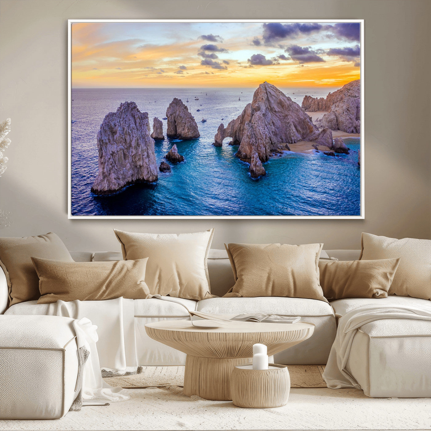 72955-MGV-CV-36X24-Ocean Rock Formation Wall Art – Sunset Coastal Seascape Print, Beach Landscape Decor for Living Room or Office