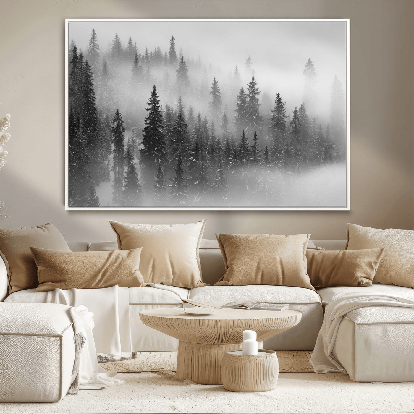 57235-MGV-CV-36X24-Misty Pine Forest Wall Art – Black and White Mountain Landscape Canvas Print, Nature Woodland Decor for Living Room, Bedroom or