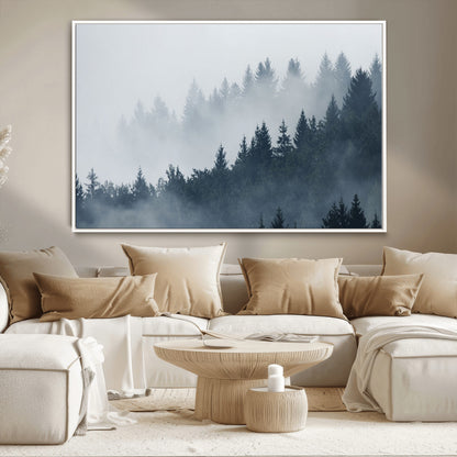 23671-MGV-CV-36X24-Misty Forest Wall Art – Serene Foggy Pine Trees Landscape Canvas Print, Tranquil Nature Decor for Living Room, Bedroom or Office