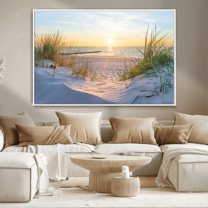 48907-MGV-CV-36X24-Beach Sunset Wall Art – Coastal Sand Dunes and Ocean View Canvas Print, Serene Seaside Landscape Painting for Living Room, Bedroom