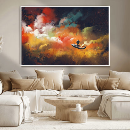 45085-MGV-CV-36X24-Surreal Cosmic Wall Art – Abstract Galaxy Dreamscape Canvas Print with Man and Dog in Boat, Fantasy Nebula Painting for Living