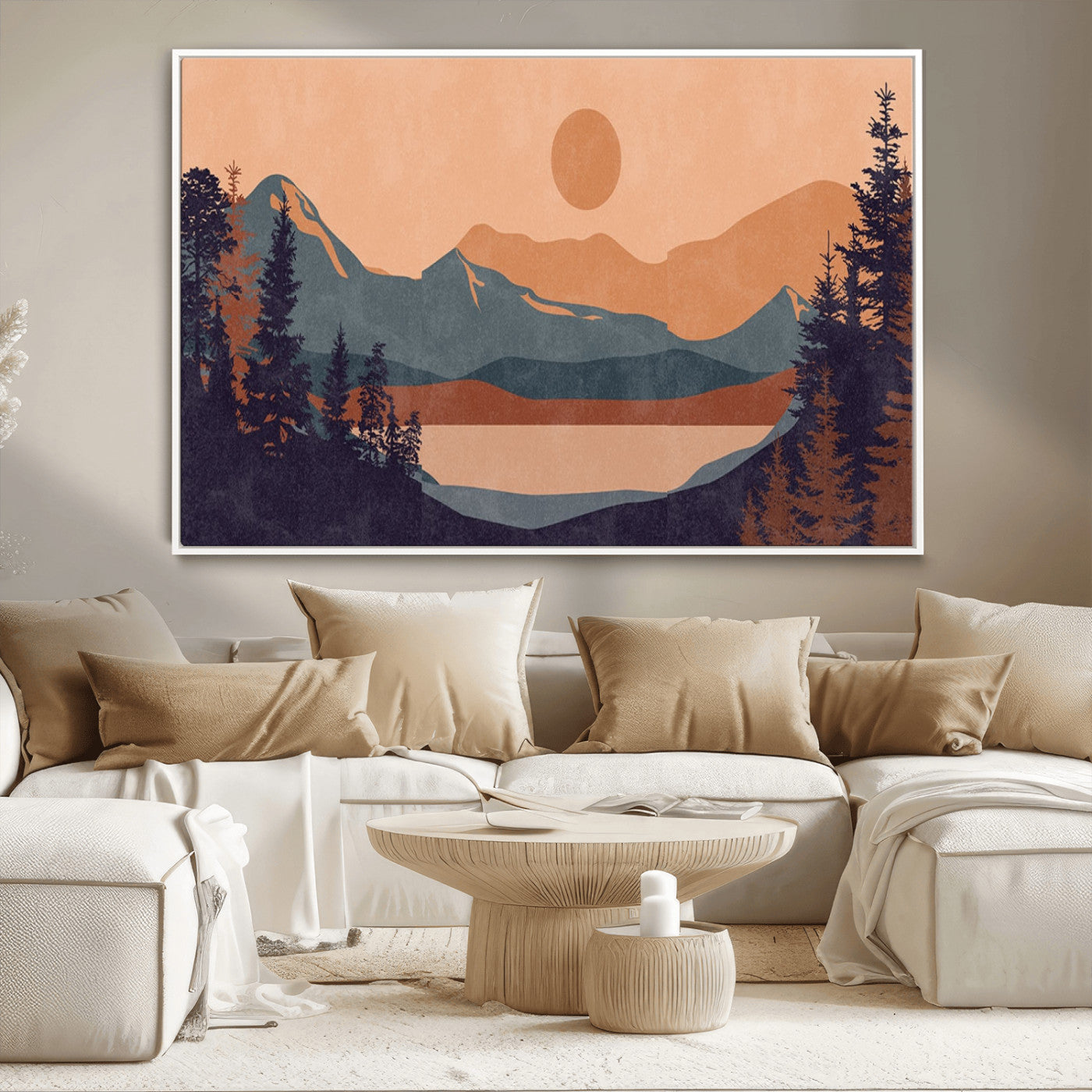 62795-MGV-CV-36X24-Minimalist Mountain Landscape Wall Art – Abstract Sunset Over Peaks and Pine Trees Canvas Print, Modern Nature Decor for Living