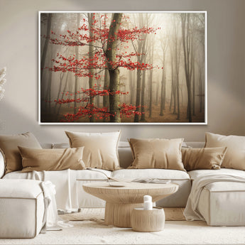 61855-MGV-CV-36X24-Misty Forest Wall Art – Red Tree with Autumn Leaves Canvas Print, Moody Woodland Nature Decor for Living Room, Bedroom, or Office