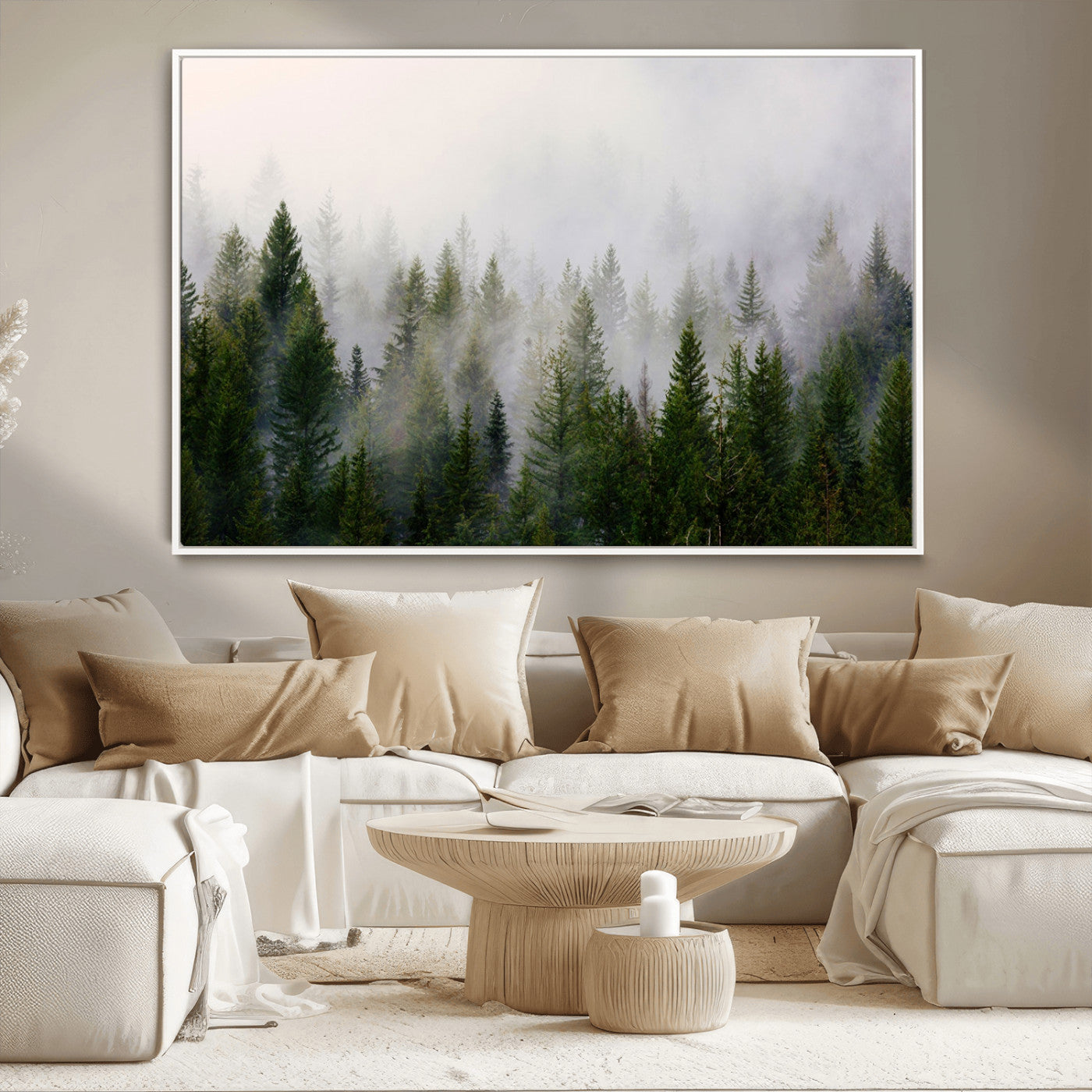 11436-MGV-CV-36X24-Misty Forest Wall Art – Tranquil Evergreen Tree Canvas Print with Foggy Landscape, Nature Inspired Artwork for Bedroom, Living