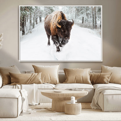 84699-MGV-CV-36X24-Bison in Winter Wall Art – Majestic Buffalo Canvas Print with Snowy Forest Landscape, Rustic Wildlife Artwork for Cabin, Living