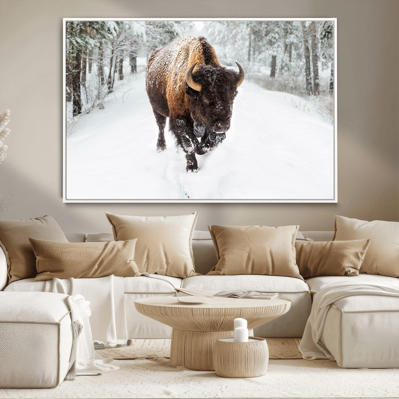 84699-MGV-CV-36X24-Bison in Winter Wall Art – Majestic Buffalo Canvas Print with Snowy Forest Landscape, Rustic Wildlife Artwork for Cabin, Living