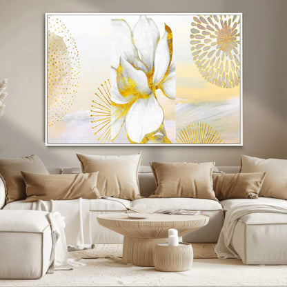 82301-MGV-CV-36X24-Modern Floral Wall Art – White Flower with Gold Detailing Canvas Print, Elegant Abstract Artwork for Living Room, Bedroom, or