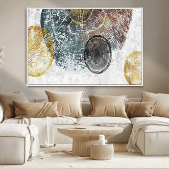 70653-MGV-CV-36X24-Abstract Tree Ring Wall Art – Modern Rustic Wood Slice Canvas Print with Gold Accents, Contemporary Nature Decor for Living Room,