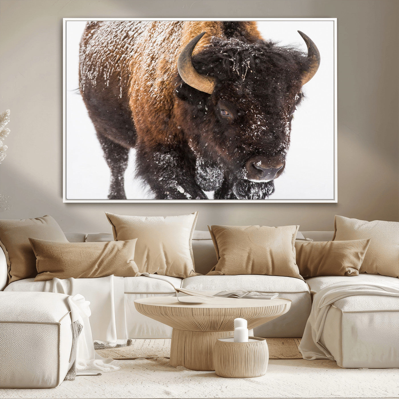 65605-MGV-CV-36X24-Snow Bison Wall Art – Close Up Buffalo Canvas Print, Rustic Western Wildlife Photography, Farmhouse Cabin Lodge Decor for Living