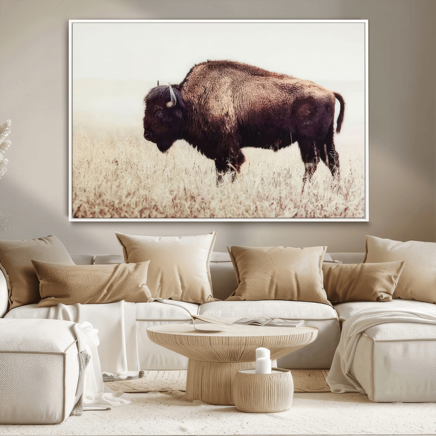 48406-MGV-CV-36X24-American Bison Wall Art – Rustic Buffalo Canvas Print in Prairie Field, Western Wildlife Photography Decor for Cabin, Lodge,
