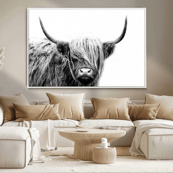 51957-MGV-CV-36X24-Highland Cow Wall Art – Black and White Scottish Highland Bull Canvas Print, Rustic Farmhouse Animal Decor for Living Room,