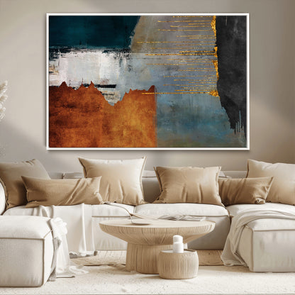 35026-MGV-CV-36X24-Abstract Canvas Wall Art – Modern Teal, Rust, Black and Gold Textured Painting, Contemporary Decor for Living Room, Bedroom