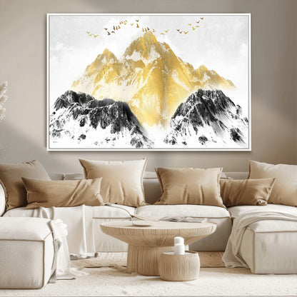 37733-MGV-CV-36X24-Golden Mountain Wall Art – Modern Abstract Landscape Canvas Print with Birds, Luxury Nature Decor for Living Room, Bedroom, or