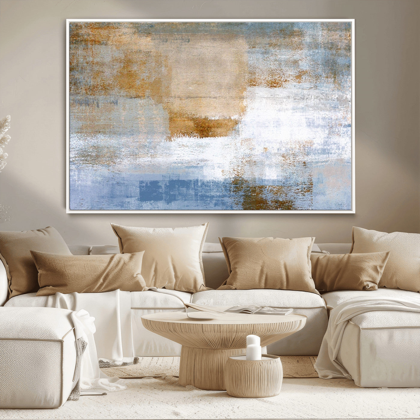 72354-MGV-CV-36X24-Blue and Gold Abstract Wall Art – Modern Minimalist Canvas Print, Textured Contemporary Painting for Living Room, Bedroom, or