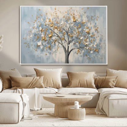 65811-MGV-CV-36X24-Abstract Tree Wall Art – Textured Canvas Painting with Gold and White Leaves, Modern Nature Inspired Decor for Living Room or