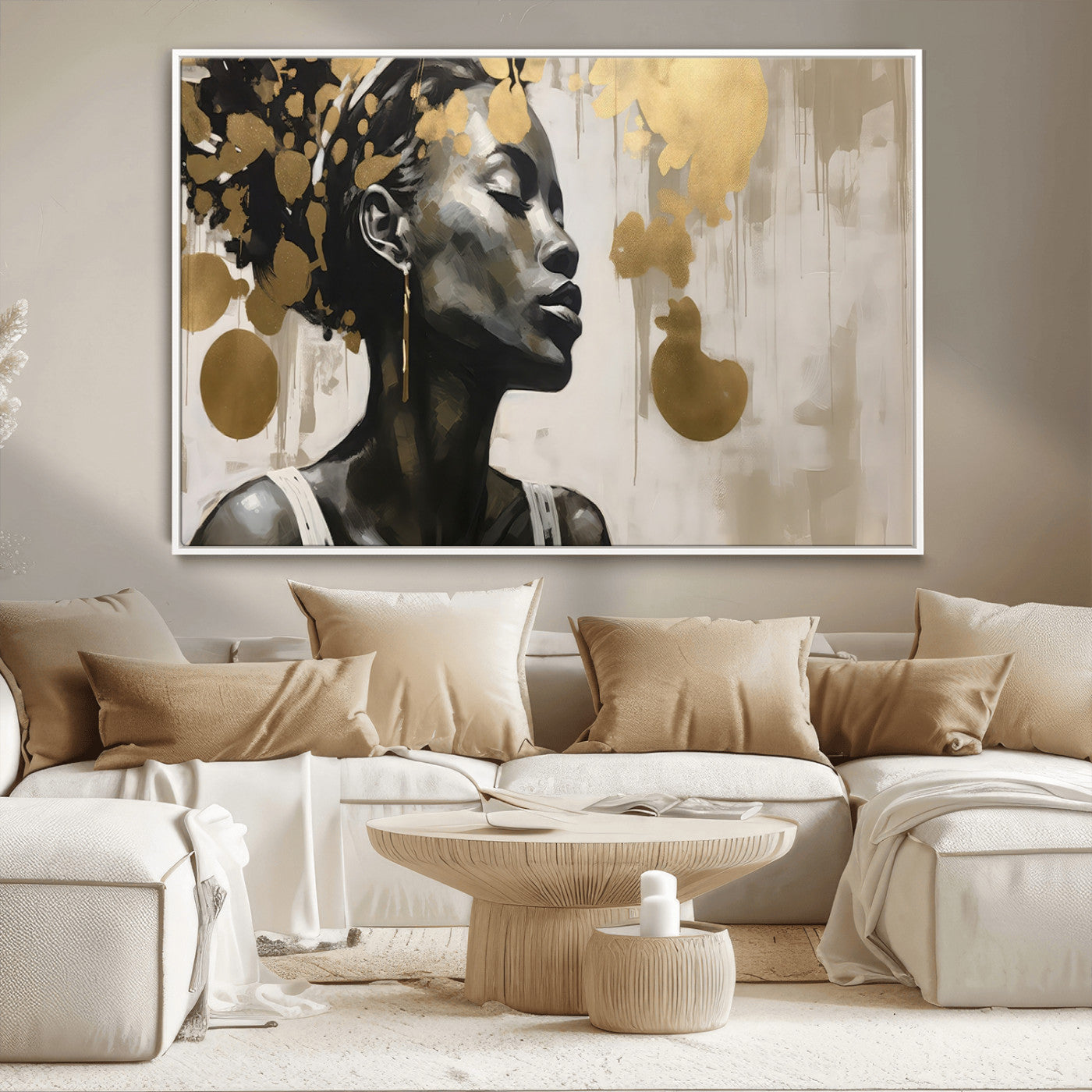 65669-MGV-CV-36X24-Elegant Black Woman Wall Art – Modern Abstract Portrait Canvas with Gold Accents, Contemporary Afrocentric Decor for Living Room