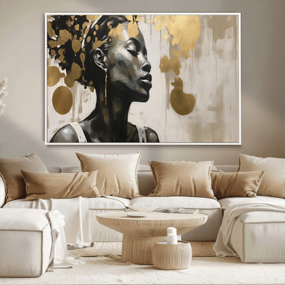 65669-MGV-CV-36X24-Elegant Black Woman Wall Art – Modern Abstract Portrait Canvas with Gold Accents, Contemporary Afrocentric Decor for Living Room