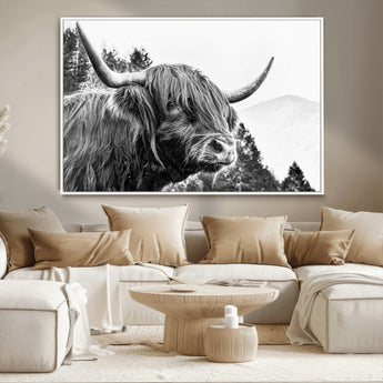 61570-MGV-CV-36X24-Highland Cow Wall Art – Black and White Scottish Bull Canvas Print, Rustic Farmhouse Animal Decor for Living Room, Bedroom, or