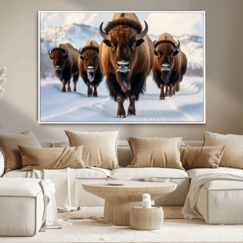 56701-MGV-CV-36X24-Bison Herd Wall Art – Buffalo Walking in Snowy Mountains Canvas Print, Rustic Wildlife Decor for Cabin, Lodge, or Living Room